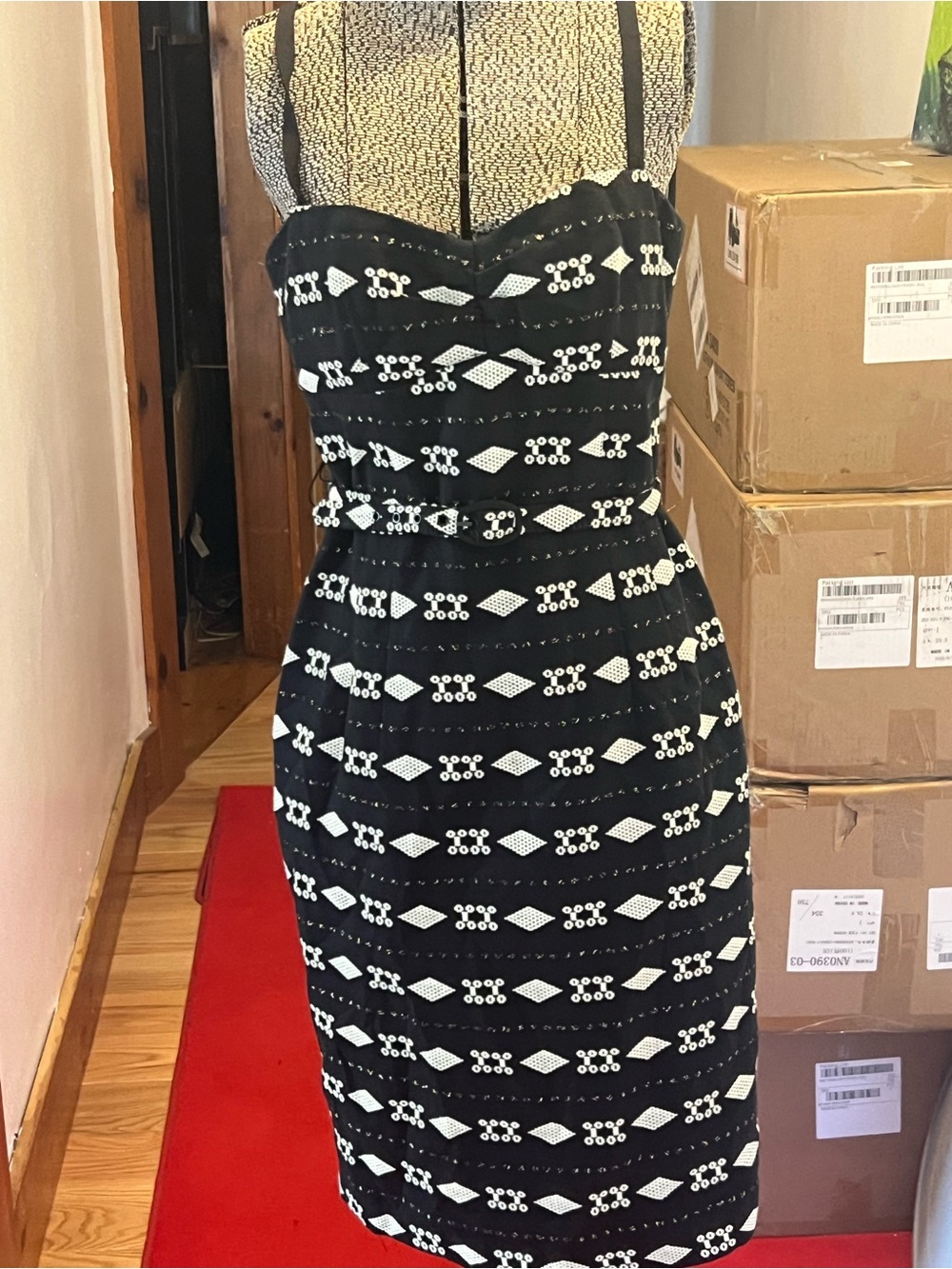 Nanette Lepore Black and White Strappy Midi Sheath Dress